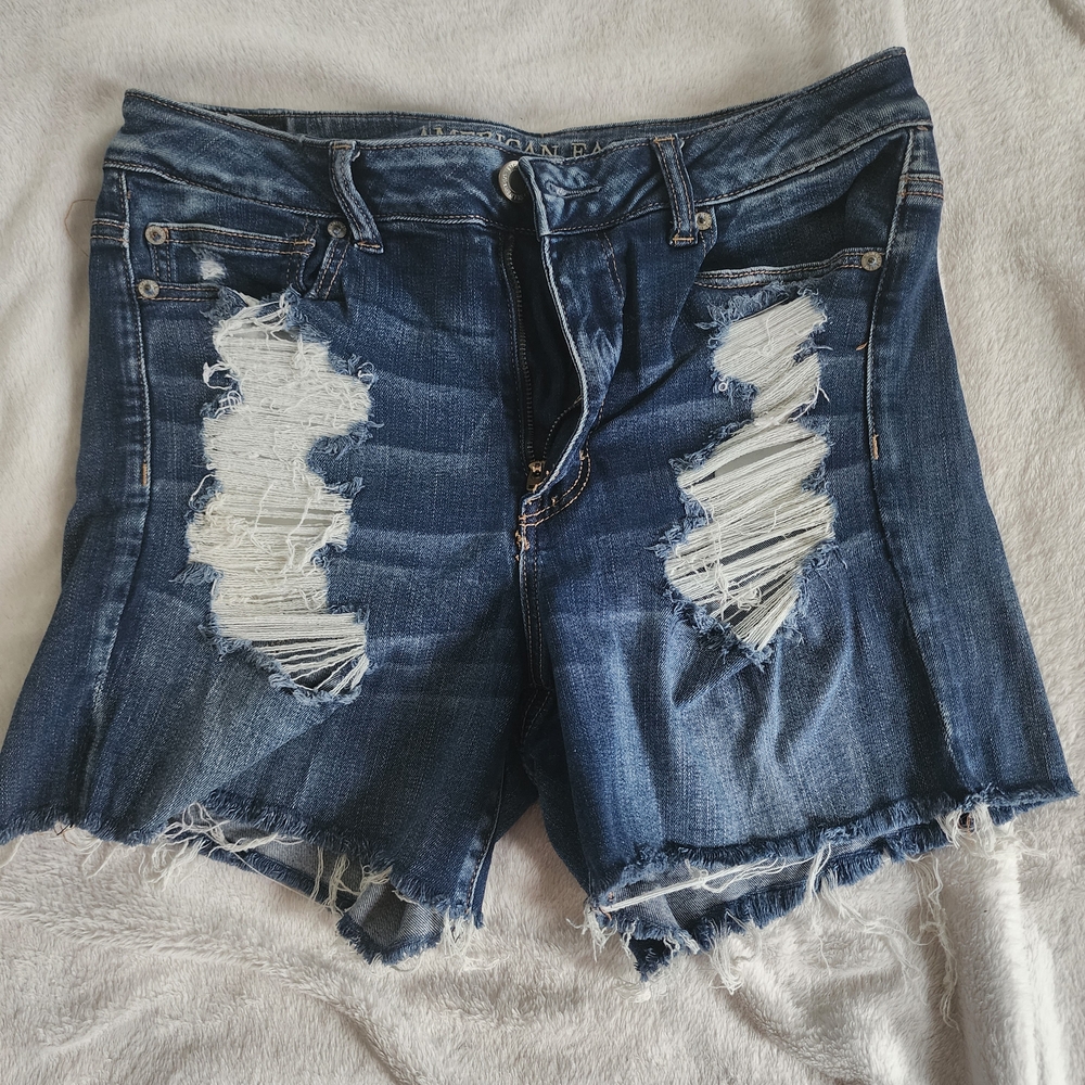 American Eagle Outfitters Distressed Dark Blue High Waist Denim Shorts